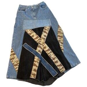 Christopher Banks Upcycled Patchwork Denim Midi Skirt Paneled Boho Camo OOAK